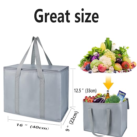 musbus 4 packs insulated trunk organizer car cooler bag XL-Large Insulated Grocery shopping bags, Reusable grey zipped zipper,Collapsible,tote,cooler,groceries,Recycled Material Warm Foldable