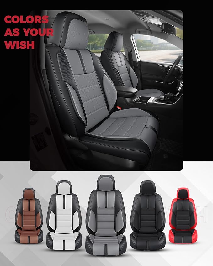 FREESOO Black Gray Front Car Seat Covers - Faux Nappa Leather Seat Covers for Cars, with Carbon Fiber Texture Seatbelt Pads, 