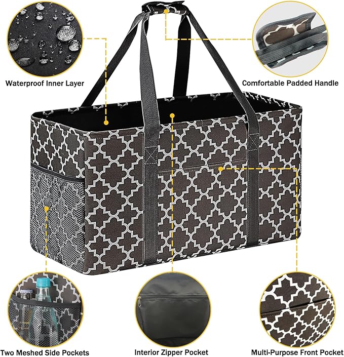 GhvyenntteS Extra Large Utility Tote Bag - Stand Up Utility Tote with Metal Wire Frame & Hard Bottom Board, Reusable Grocery Bags With Handles for Storage, Picnics, Beach, Pool, Laundry, Car, Camping