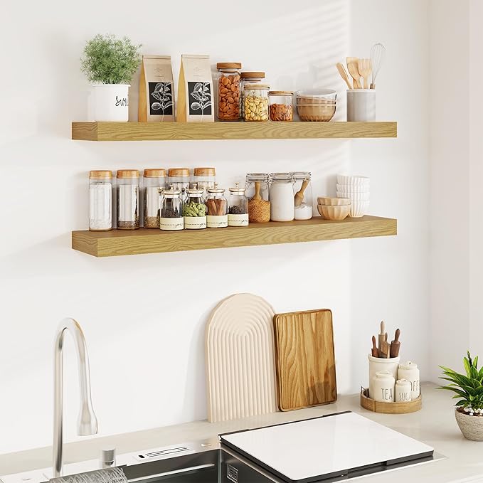 Fun Memories Floating Shelves for Wall, 40Inch Floating Shelves Set of 2, Hanging Shelf with Invisible Brackets, Wood Shelves
