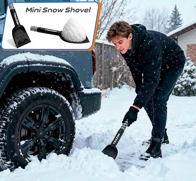 Trazon 42.4" Extendable Snow Brush & Mini Snow Shovel/Ice Scraper for Car Windshield with Foam Grip for Cars, SUV, Trucks, Detachable Сar Scraper, No Scratch, Heavy Duty Long Handle, Ice Remover