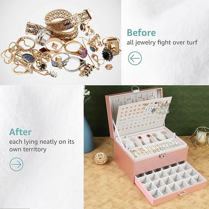 BOOVO Earring Jewelry Box For Women Girl Stud Organizer, 5 Layers Girl Jewelry Organizer Box With Lock Earring Holder Organiz