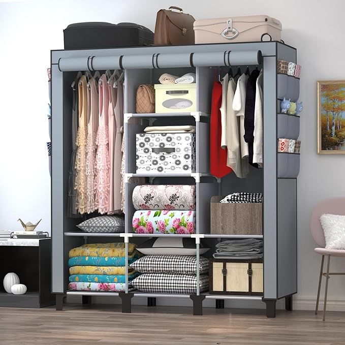 Portable Wardrobe with 10 Storage Racks and 2 Hanging Poles, 6 Side Pockets Non-Woven Cover, Size 130 x 45 x 172 cm, Bedroom 