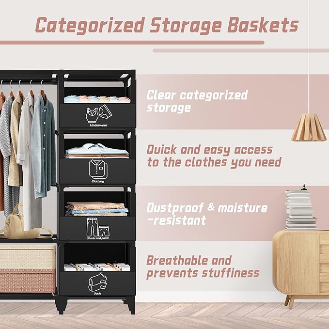 Portable Closet, Easy Assembly, Large Capacity Wardrobe Closet, Sturdy and Stable Clothes Rack with Shelves 4 Storage Baskets