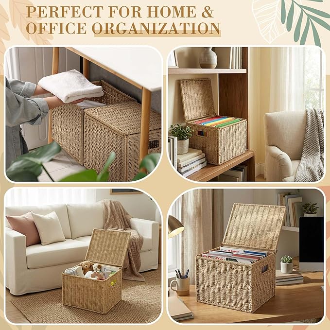 Jingmore Paper Rope File Box Organizer with 25 Hanging File Folders, Collapsible Letter Size Filing Storage Box with Lid, Han