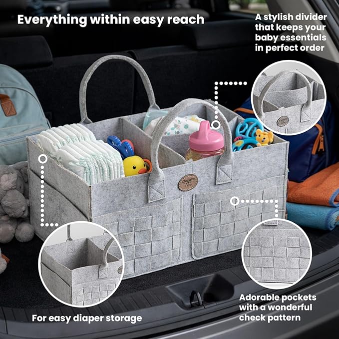 Baby Diaper Caddy Organizer for Nursery – Large Felt Storage Basket for Baby Essentials, Wipes & Diapers – Portable Nursery O