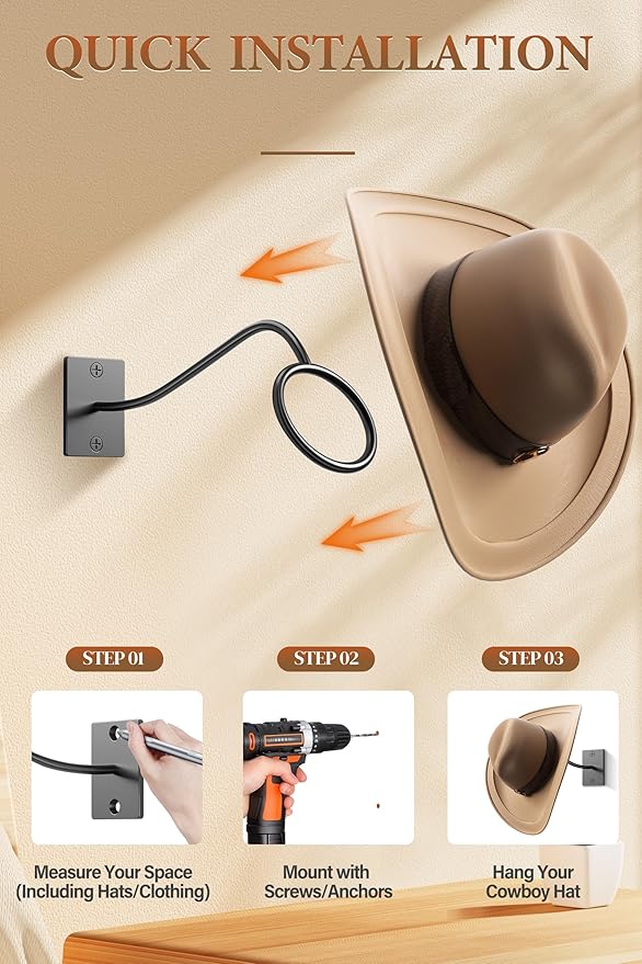 Cinati Cowboy Hat Rack for Wall, 4 Pack Cowboy Hat Holder Wall Mount, Western Rustic Metal Cowboy Hat Hanger, Hat Hooks for C