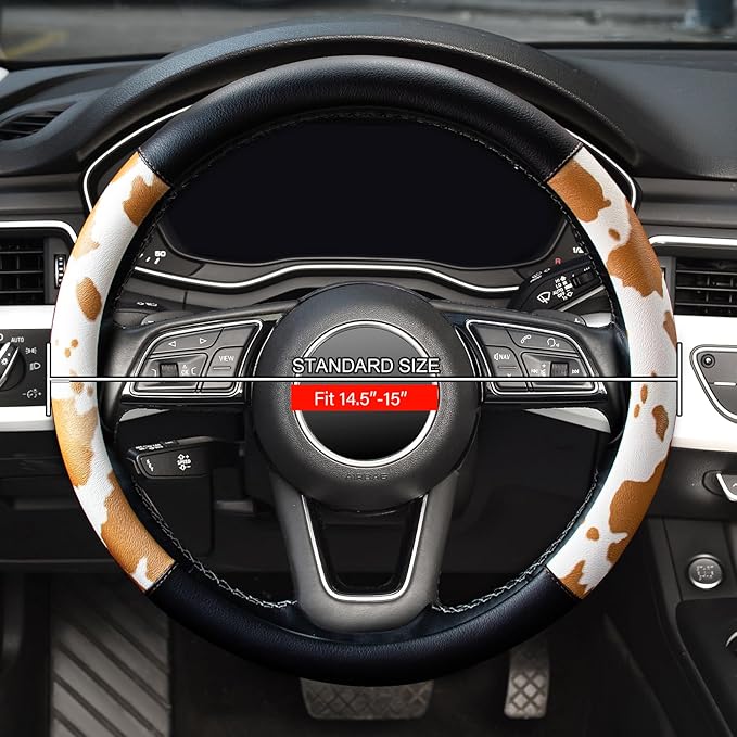 Cow Print Car Steering Wheel Covers, Breathable Microfiber Leather for Women and Men, Universal 15 inch Anti-Slip Steering Wh