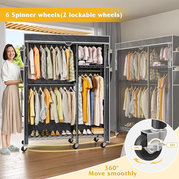 Raybee Clothes Rack with Cover Clothing Racks for Hanging Clothes Heavy Duty Portable Closet with Wheels，Rolling Garment Rack