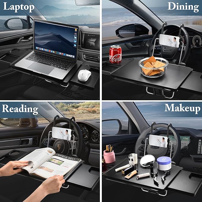 2-in-1 Car Steering Wheel Tray & Car Desk for Laptop with Phone Holder – Height Adjustable Steering Wheel Desk, Car Laptop Desk & Food Tray, Car Table Tray – Fits Cars, SUVs & Trucks