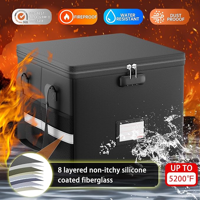 ENGPOW 5200°F Fireproof Document Box with Lock, Heat Insulated Collapsible File Storage Organizer with Handle, Portable Home 