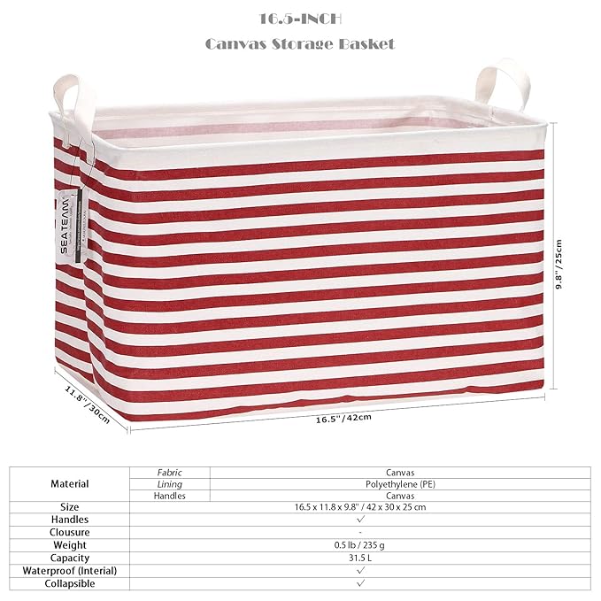 Sea Team Collapsible Canvas Fabric Storage Basket with Handles, Rectangle Waterproof Storage Bin, Box, Cube, Foldable Shelf B