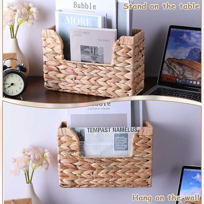 WLLHYF Woven Hanging Magazine Holder Water Hyacinth Storage Basket Wall Mounted Wicker Organizer Boho Modern Farmhouse Book R