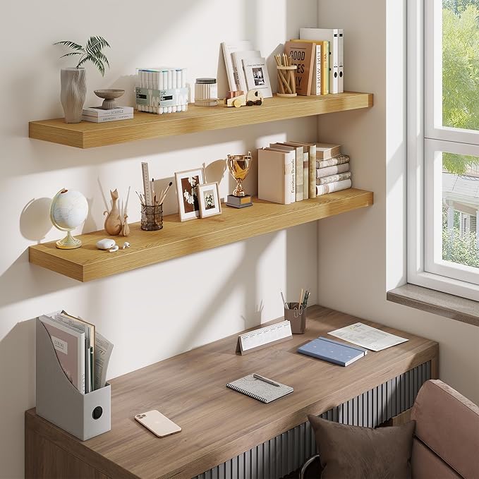 Fun Memories 55 Inch Fireplace Mantel Shelf, 10 Inch Deep Shelves for Display & Wall Storage, Rustic Wood Wall Shelf, Extra L