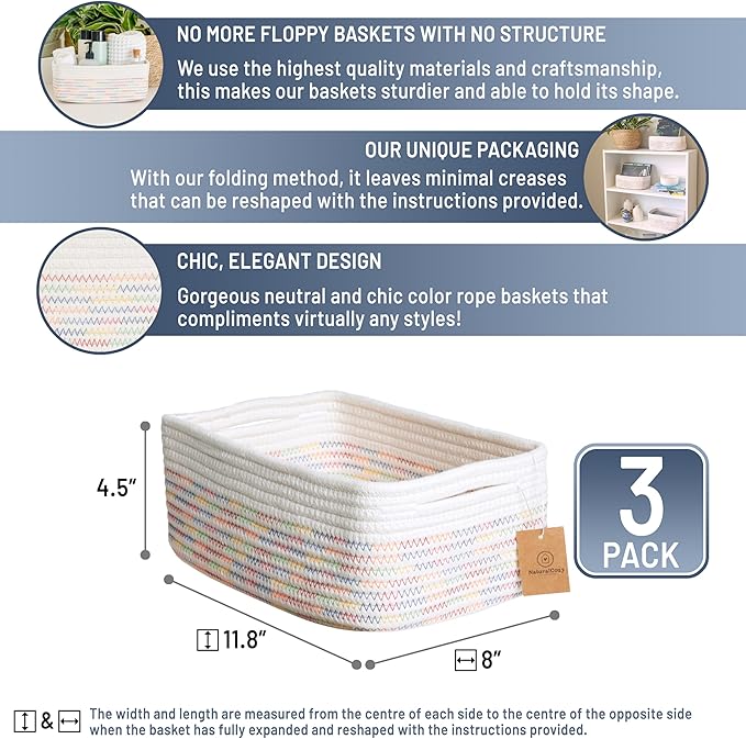 NaturalCozy 11.8"x8"x4.5” Rectangle Storage Baskets for Shelves 3 Pack | Cotton Rope Woven Small Baskets for Organizing | Sma