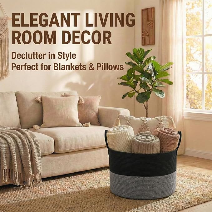 JMvicyroam 65L Extra Large Blanket Basket for Living Room - Woven Cotton Rope Laundry Hamper with Reinforced Handles - Storag