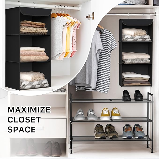 Simple Houseware 3-Shelf Hanging Closet Organizer, Fabric Storage Shelves with 57L Capacity, Black