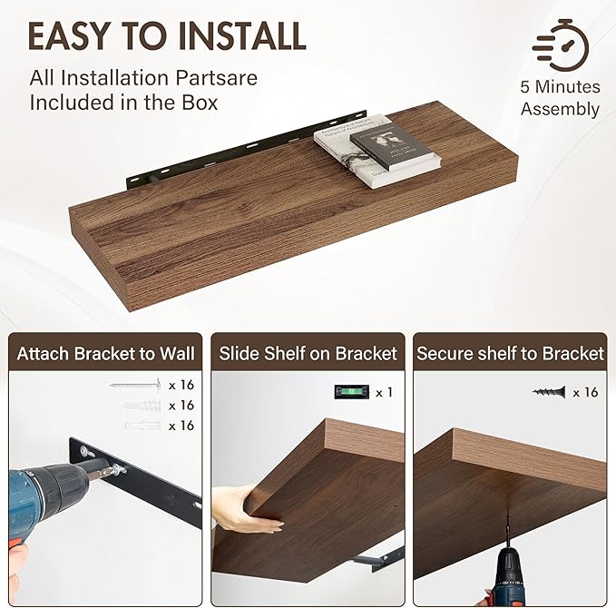 36 Inch Floating Shelves, 12" Deep Floating Shelf Wall Mounted, 36" Wall Shelves, Rustic Deep Bookshelf, Extra Deeper & Thick