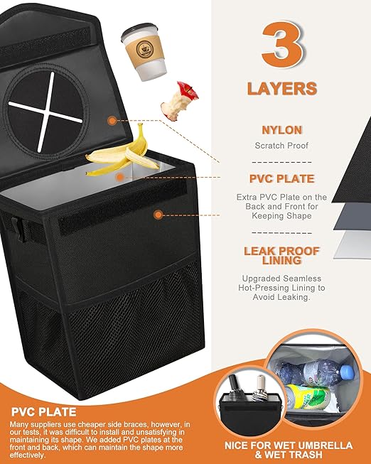 Car Trash Can with Lid, Cute Leakproof Car Trash Garbage Bag Hanging Vehicle Trash Bin Small Portable Automotive Garbage Cans Organizer for Back/Front Seat(4 Gallons,Black)