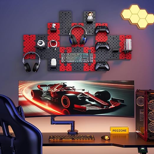 PEGZONE 14 PCS Controller and Headphone Holder Wall Mount, Modular Gaming Pegboard with Accessories, Video Game Storage, Disc