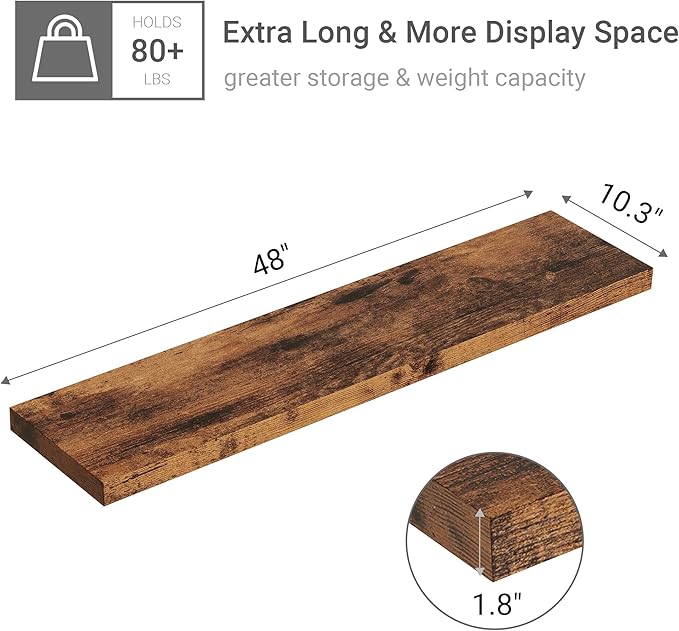 Vivelove Farmhouse Single Floating Shelves for Wall 48 in x 10.3in x 1.8in, Large Wall Long Shelves Heavy Duty 80 lbs for Bed