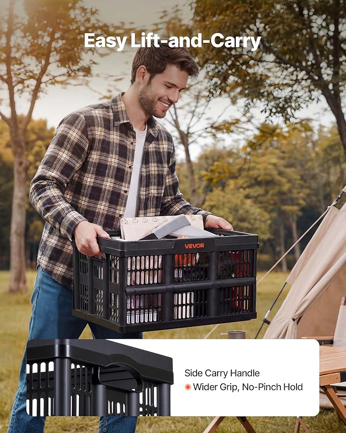 VEVOR Plastic Collapsible Storage Bins, 45L 3 Packs, Stackable Folding Storage Crates with Handles, Holds 33 lbs Per Bin, Fol