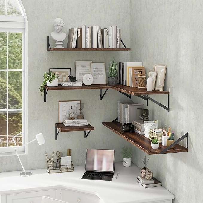 Deep Floating Shelves Wall Mounted, 12"x12" Walnut Wall Shelves with Brackets Set of 2 for Bedroom, Living Room, Bathroom, Ki