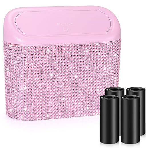 Accmor Bling Pink Car Trash Can with Lid, Mini Auto Garbage Storage Bin with 60 Trash Bags, Small Car Garbage Container Bin, Sparkling Crystal Vehicle Dustbin for Front Back Seat Accessories for Cars