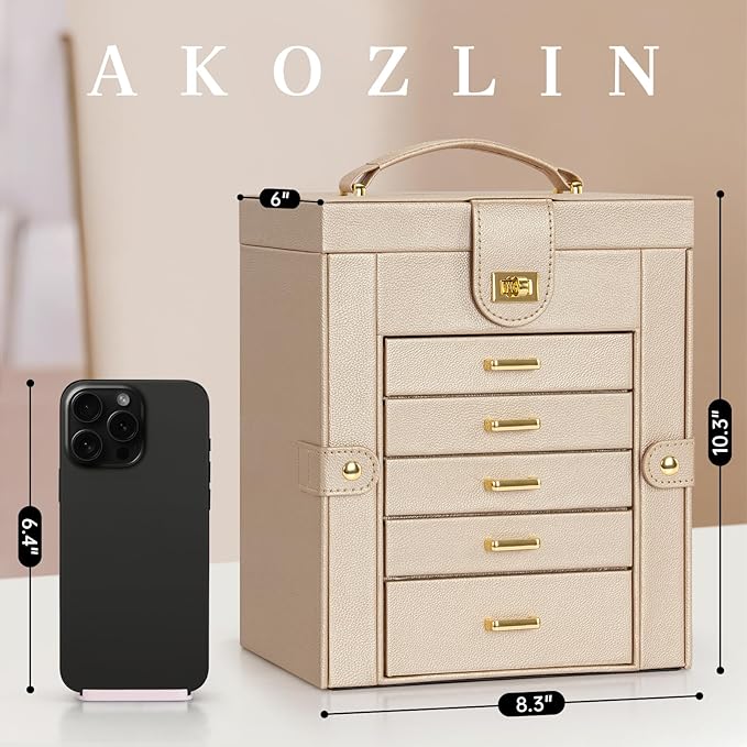 AKOZLIN 6-Tier Jewelry Box Organizer Functional Leather Jewelry Storage Case for Women Girls Ring Necklace Earring Bracelet H