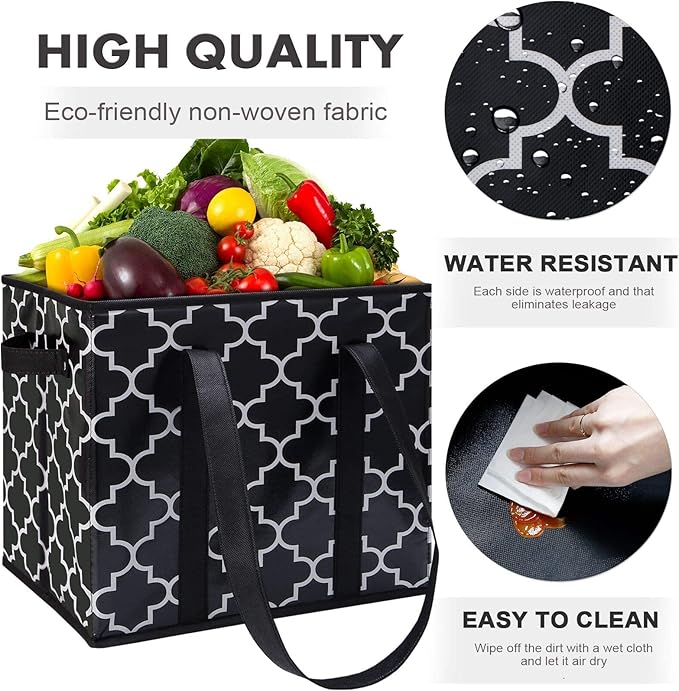 WISELIFE Reusable Grocery Bags 4-Pack Foldable Washable Large Storage Bins Basket Water Resistant Shopping Tote Bag Black