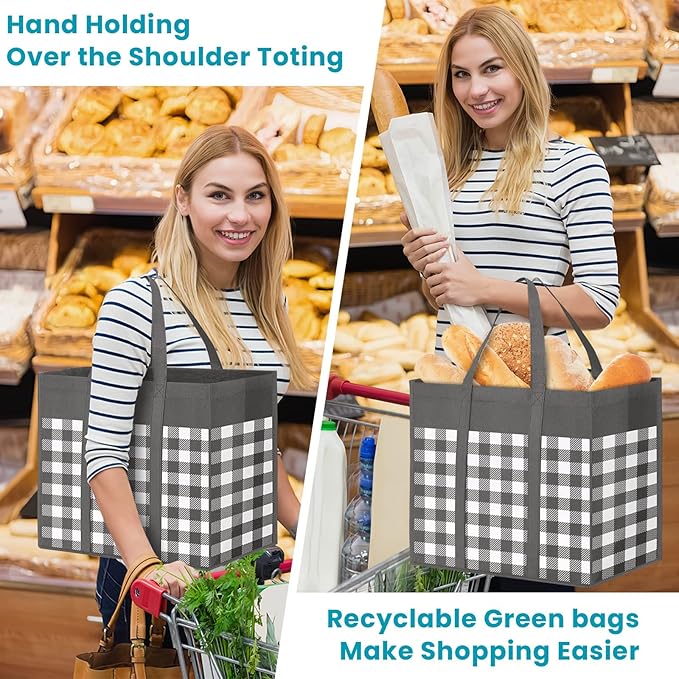 WOWBOX Reusable Grocery Bags,10-Pack, Foldable Reusable Shopping Tote Bags bulk with Reinforced Handles,Large Storage Bags with Water Resistant Coating for Groceries,Multipurpose,Grey-White