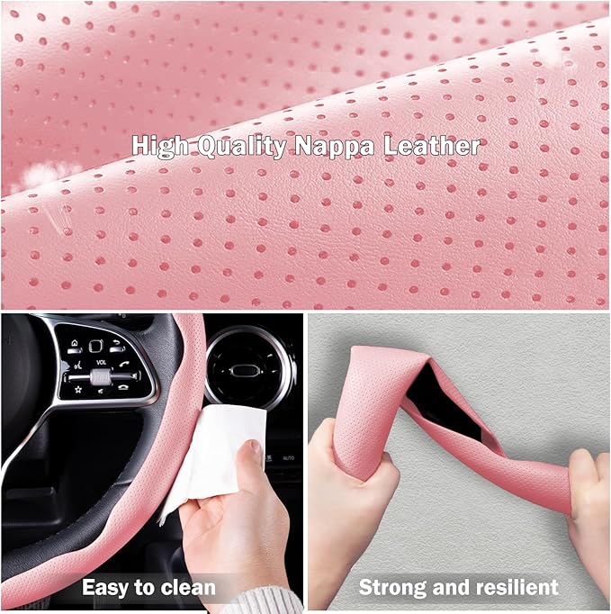 Nappa Leather Car Steering Wheel Cover for Men Women, Ultra-Thin Non-Slip Breathable Microfibre, Universal for 14.5"-15" Stee