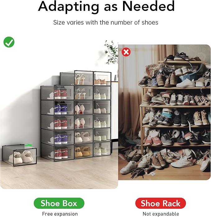Foluck X-Large Shoe Storage Box, 15 Pack Clear Plastic Stackable Shoe Organizer for Closet, Interlocking Design Shoe Containe