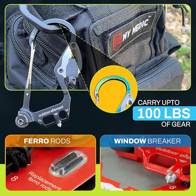 OUTDOOR ELEMENT Fire Escape, Emergency Escape Tool, Seatbelt Cutter, Window Breaker, Multi Tool, Fire Starter, Carabiner, and