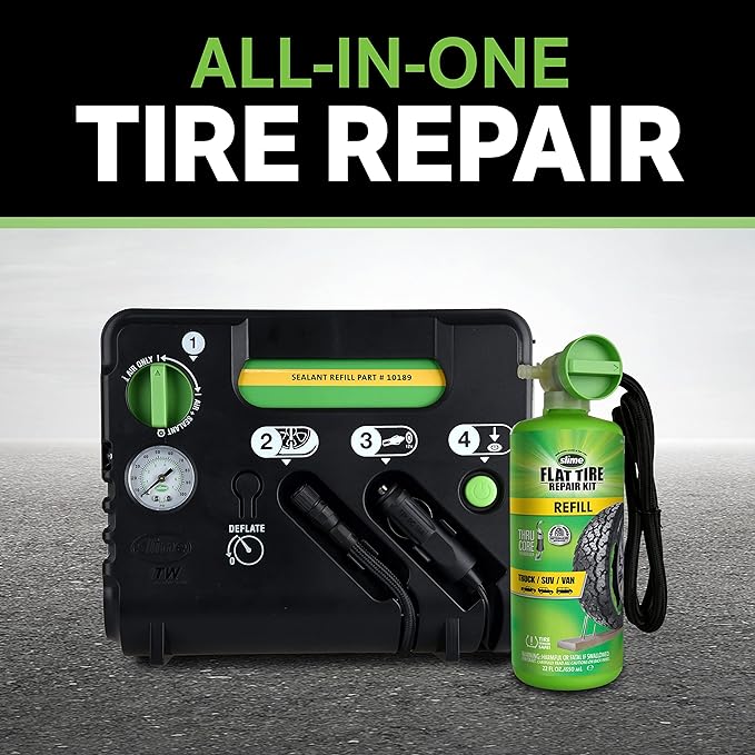 Slime 50139 Flat Tire Puncture Emergency Kit, Includes Sealant and Tire Inflator Pump, Analog, Suitable for Cars and Other Highway Vehicles, 10 Min Fix