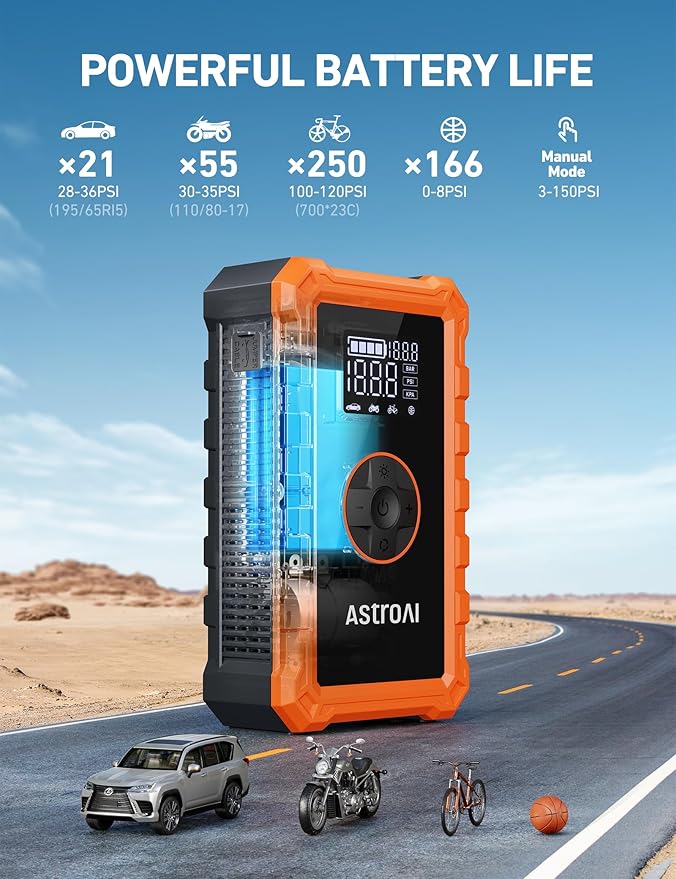 AstroAI S8 Air Jump Starter with Air Compressor, 3000A Peak Car Battery Jump Starter Portable (9.0 Gas/6.5L Diesel) with