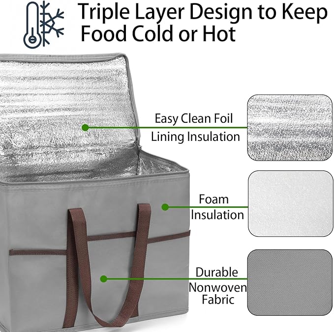 Foraineam 4 Pack Insulated Reusable Grocery Shopping Bags, Foldable Cooler Bag Food Delivery Bags with Hard Bottom Insert and Zippered Top, Stands Upright, Cooler Totes for Hot or Cold Food Transport