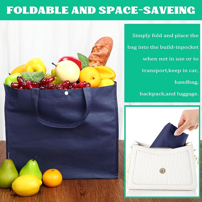 Zhehao 60 Pcs Reusable Grocery Shopping Bags Large Foldable Gift Tote Non Woven Fabric Bags with Handle and Plastic Button for Birthdays, Bridesmaids, Party Favors, 15 x 9.5 x 13 Inch (Neutral Colors)