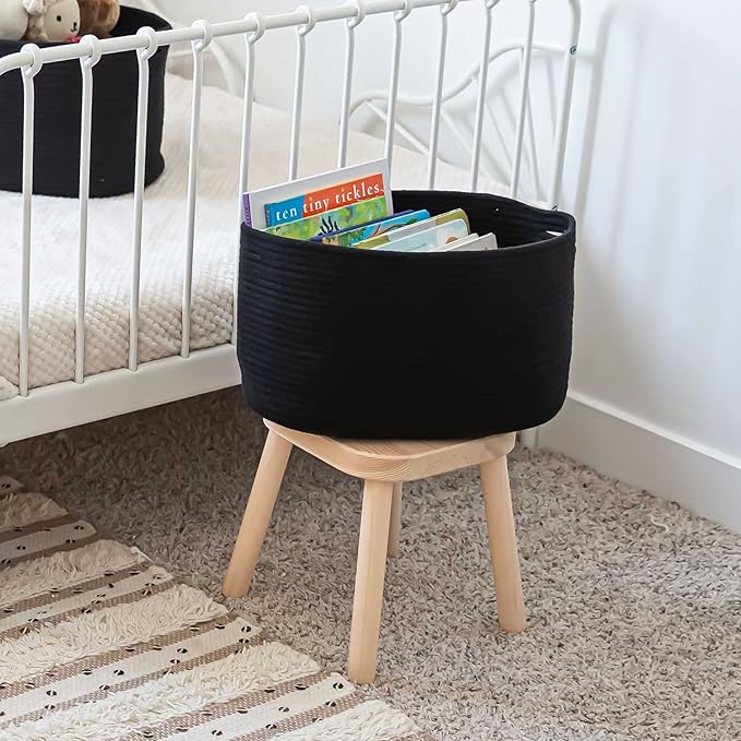 OrganiHaus Cotton Rope Basket for Shelf - Woven Storage Basket for Organizing, Closet & Toy Storage - Black - 15x9x10