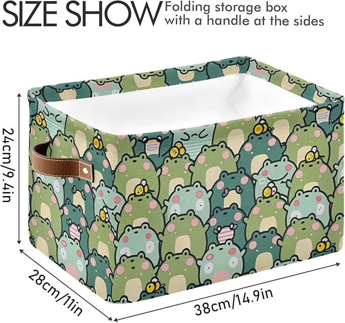 xigua Kawaii Frogs Storage Basket Collapsible Storage Bins Waterproof Canvas Storage Basket with Leather Handles for Home Clo