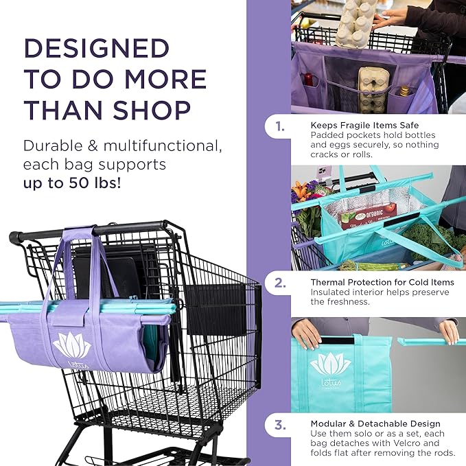 Lotus Original Trolley Reusable Shopping Bags (4-Pack) – Detachable & Reusable Grocery Bags Foldable with Insulated Grocery Bag & Egg/Wine Holder – Washable Shopping Totes to Save Time & Easy Storage