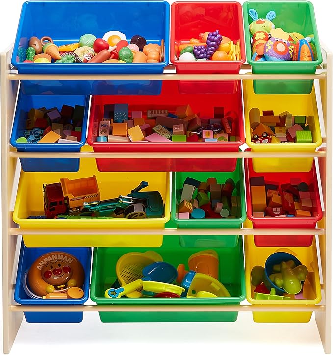 Amazon Basics Kids Toy Storage Organizer With 12 Plastic Bins, Natural Wood, Multicolor, for Bedroom and Playroom, 33.6" W x 
