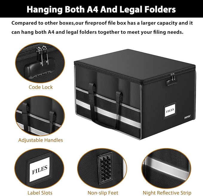 ENGPOW Fireproof Document Box with Lock, File Storage Organizer Box with Inserts ＆Mesh Pockets, Collapsible Portable Large Fi