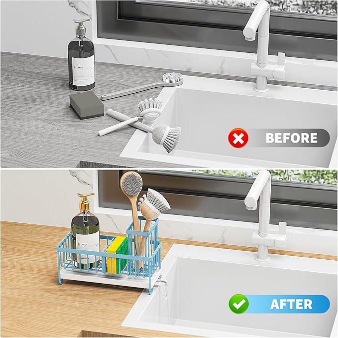Cisily Sponge Holder for Kitchen Sink, Sink Caddy Organizer with High Brush Holder, Kitchen Countertop Organizers and Storage