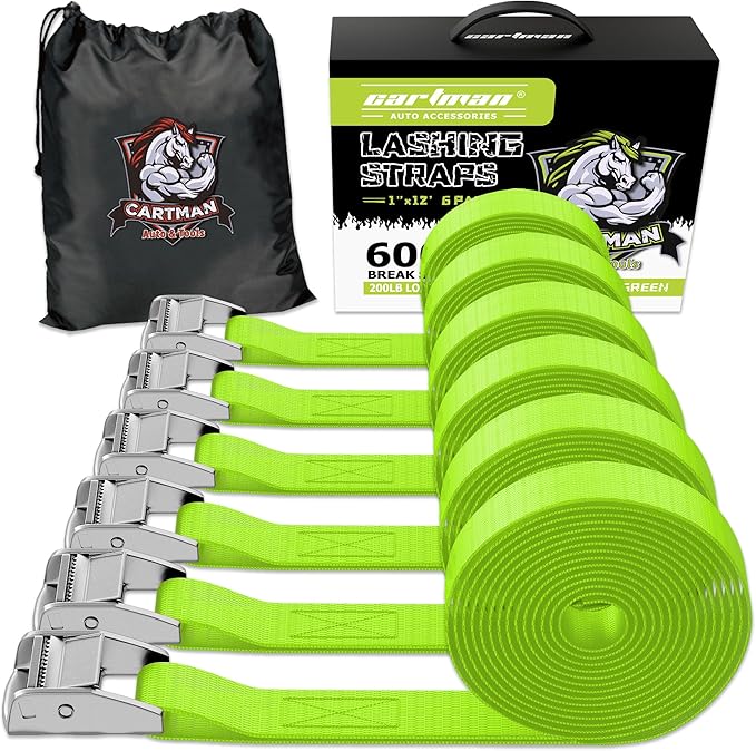 Cartman 1" x 12'Lashing Straps Cargo Tie-Down Strap Up to 600lbs, 6pk in Carry Bag, Green