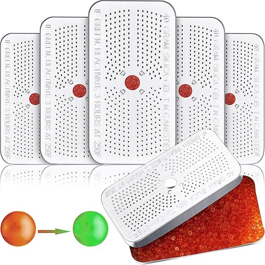 Patelai 5 Pieces 40 Gram Silica Gel Dehumidifier Desiccant Silica Gel Canister Reusable Absorber Orange Desiccant Canisters