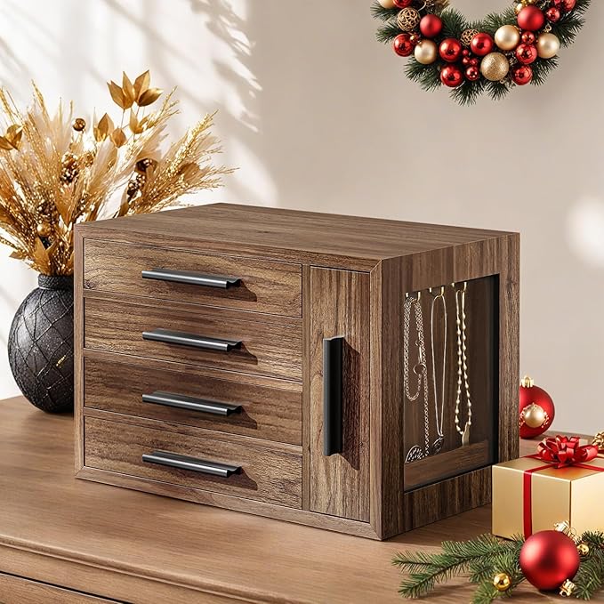 HOOBRO Jewelry Box for Women, Wooden Jewelry Organizer with Transparent Window, 4-Layer Jewelry Organizer Box, Jewelry Holder