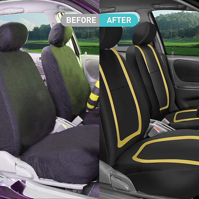 FH Group Unique Flat Cloth Full Set Car Seat Covers w. Silicone Steering Wheel Cover- Universal Fit for Most Cars, Trucks, SUVs or Vans (Yellow/Black)