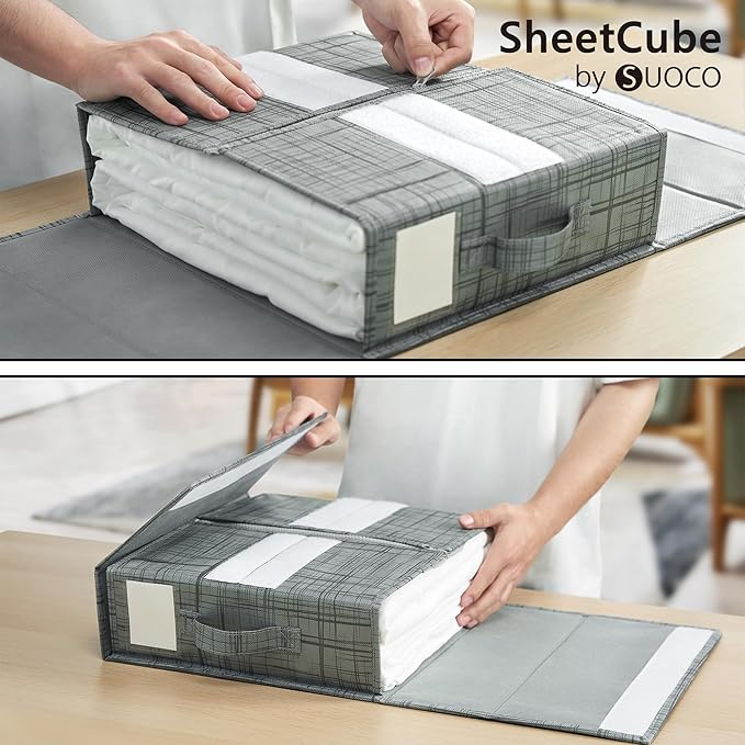 SUOCO SheetCube Bed Sheet Organizers and Storage 2 Pack, Foldable Linen Closet Organizer, Bedding Folder Storage Box Containe