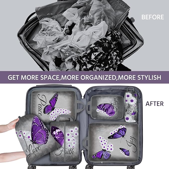 6 Pcs Compression Packing Cubes Waterproof Suitcase Travel Bag Luggage Backpack Organizer Travel Cubes for Packing-Purple But